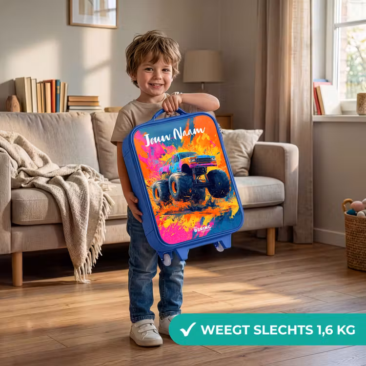Kinderkoffer blauw met naam - Monstertruck - Abstract - Verfspatten - Kleurrijk — 2