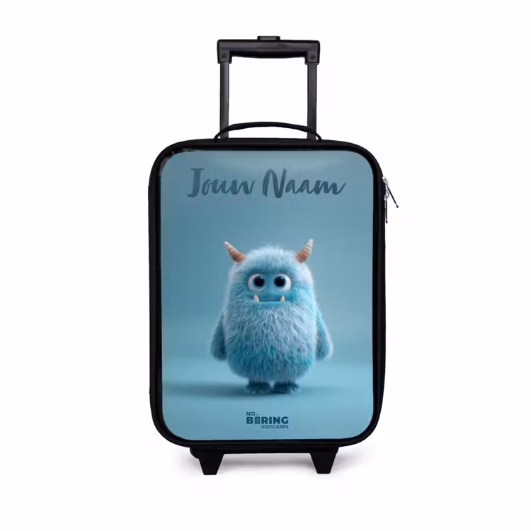 Kinderkoffer met naam - Blauw pluizig monster met hoorns — 1