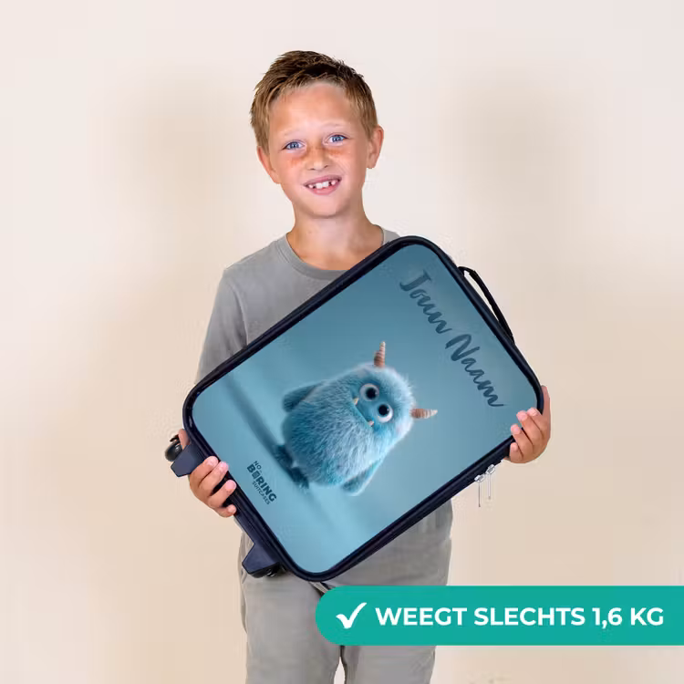 Kinderkoffer met naam - Blauw pluizig monster met hoorns — 3