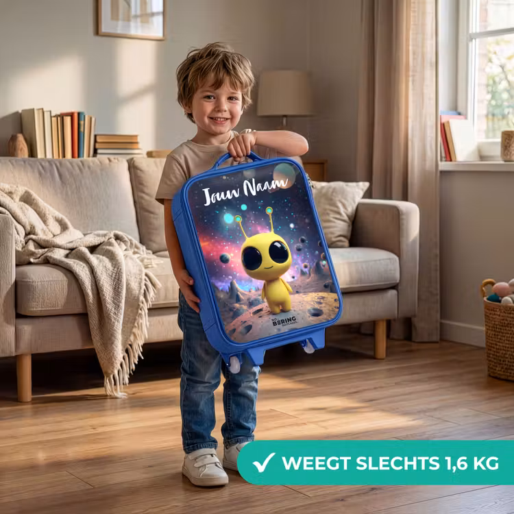 Kinderkoffer blauw met naam - Vrolijk buitenaards wezentje — 2
