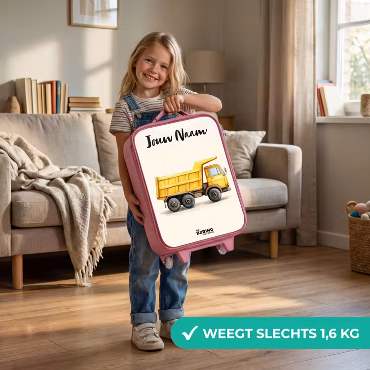 Kinderkoffer roze met naam - Kiepwagen - Getekend - Geel — 2