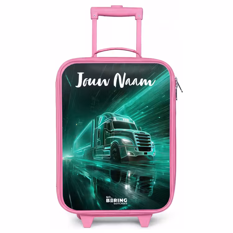 Kinderkoffer roze met naam - Vrachtwagen - Stad - Groen - Neon — 1