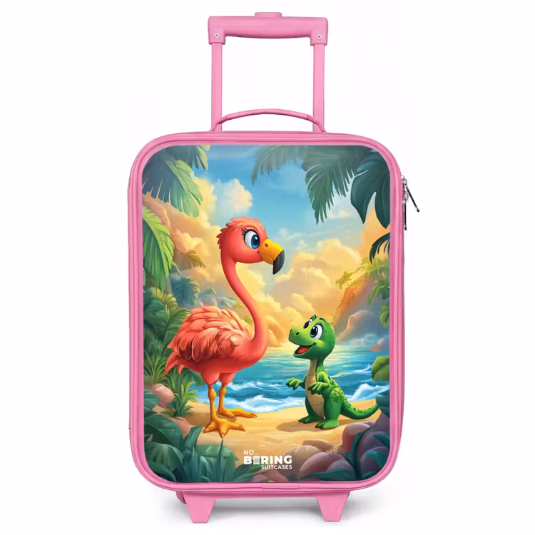 Kinderkoffer roze - Flamingo en dinosaurus op strand bij ondergaande zon — 1