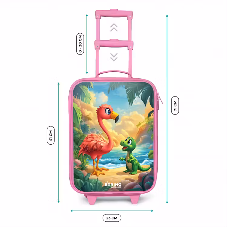 Kinderkoffer roze - Flamingo en dinosaurus op strand bij ondergaande zon — 5