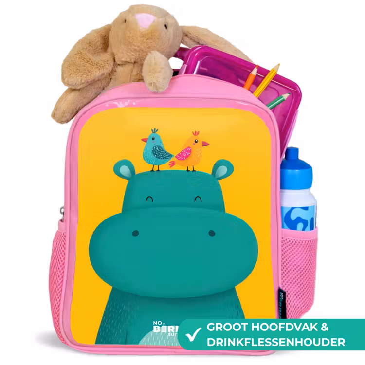 Rugzak kind met naam - Roze Nijlpaard - Vogels - Geel — 2
