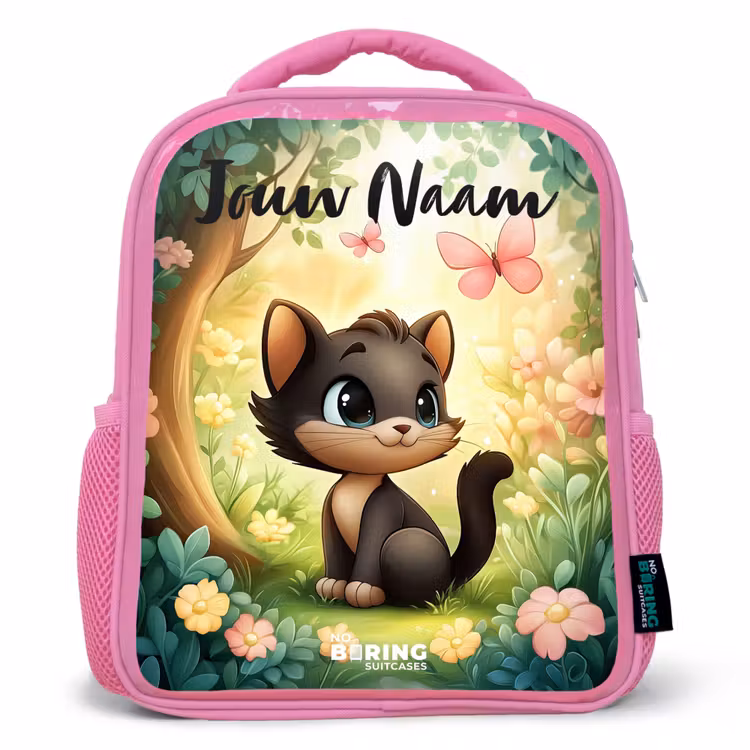 Rugzak kind met naam - Roze Kat - Vlinder - Bloemen — 1