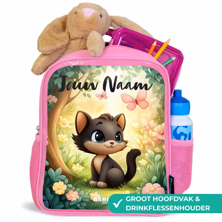 Rugzak kind met naam - Roze Kat - Vlinder - Bloemen — 2