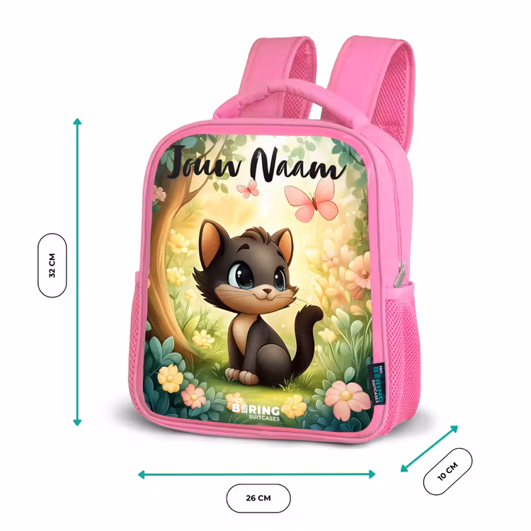 Rugzak kind met naam - Roze Kat - Vlinder - Bloemen — 3
