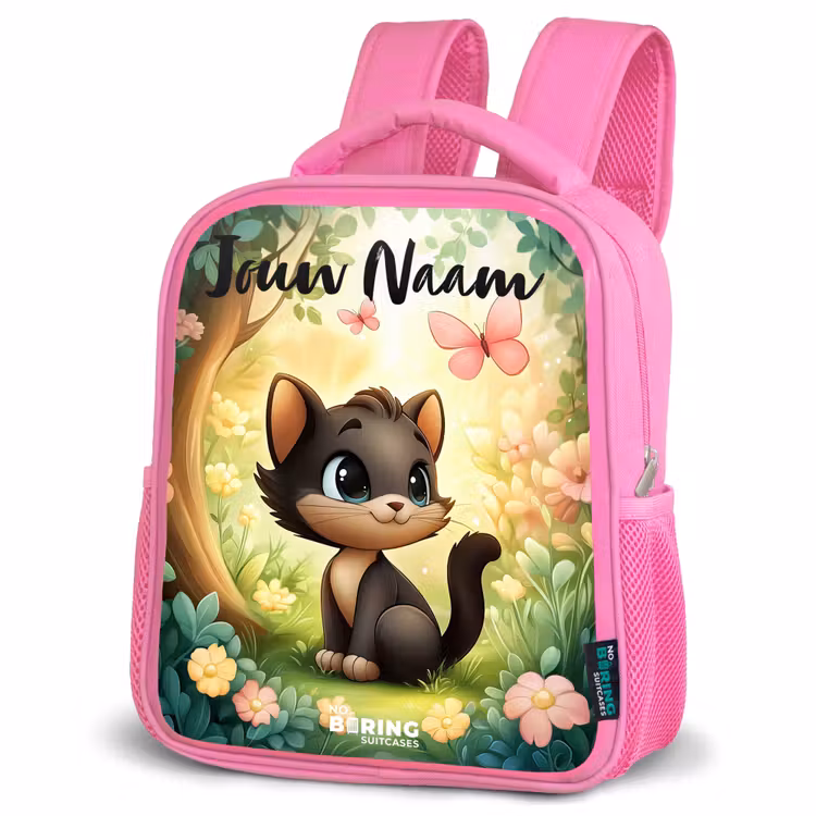 Rugzak kind met naam - Roze Kat - Vlinder - Bloemen — 4