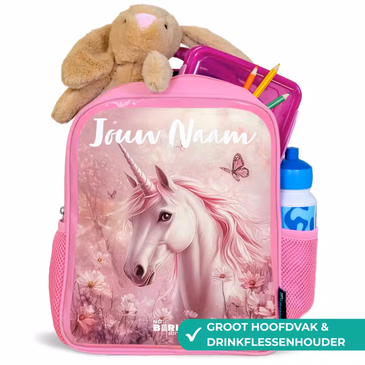Rugzak kind met naam - Roze Eenhoorn - Roze - Vlinder - Bloemen — 2