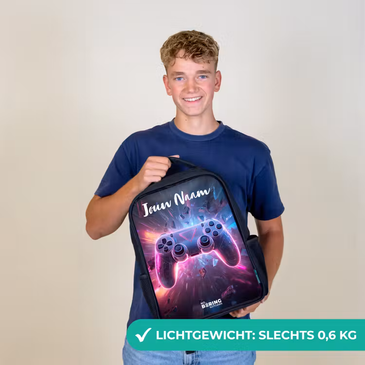 Rugzak kind met naam - Zwart - Controller - Neon - Game — 2