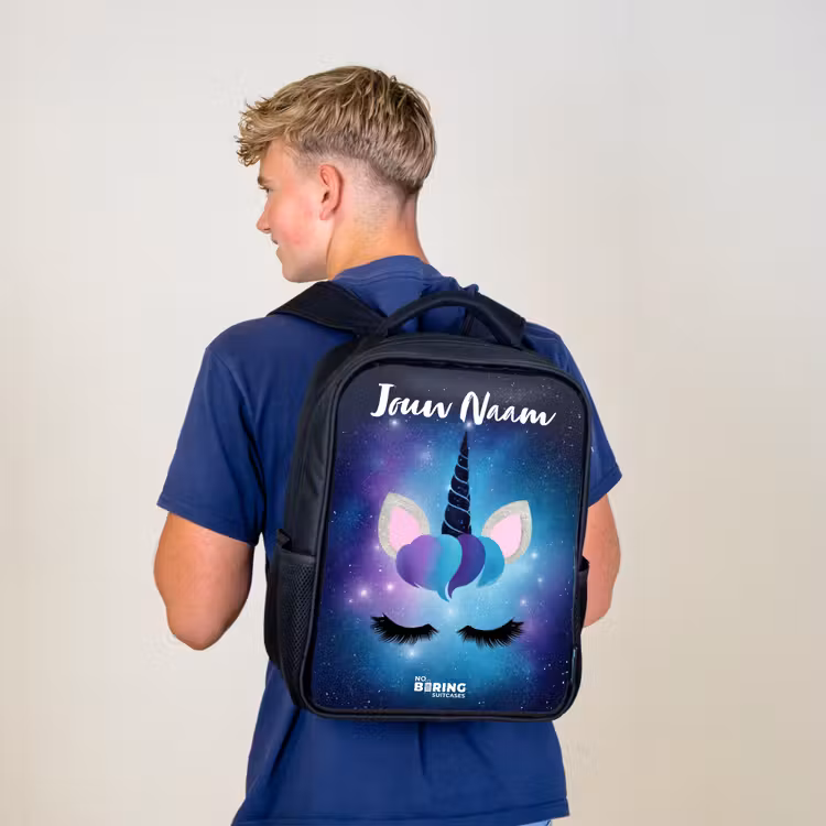 Rugzak kind met naam - Zwart - Eenhoorn - Sterren - Blauw — 6