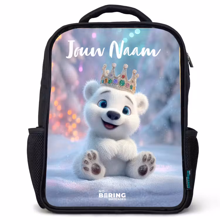 Rugzak kind met naam - Zwart - Ijsbeer - Kroon - Winter — 1