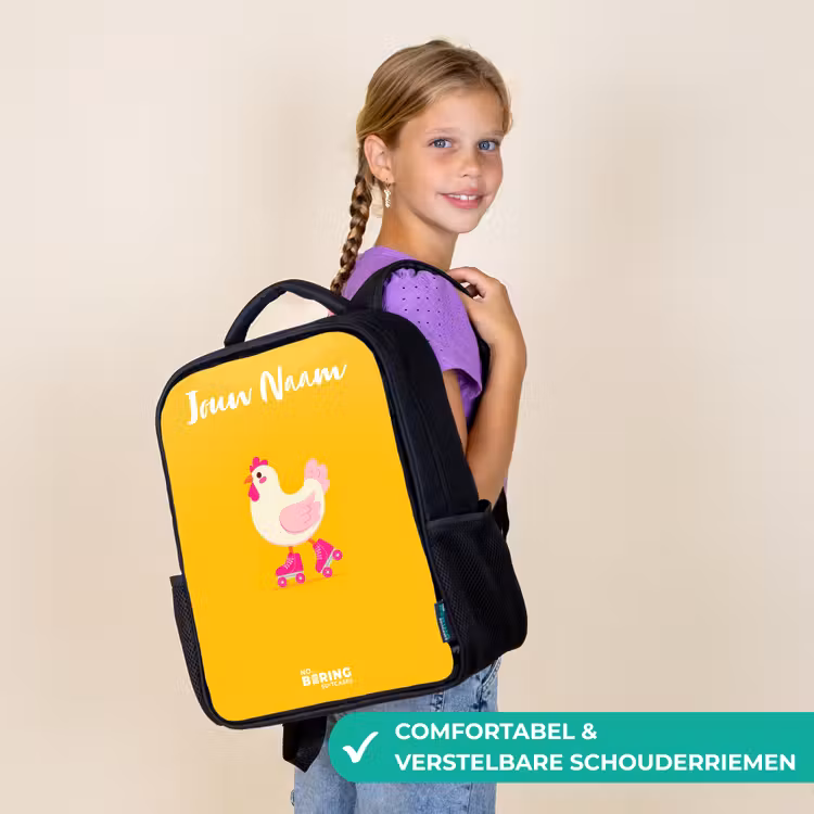 Rugzak kind met naam - Zwart - Kip - Rolschaatsen - Geel — 3