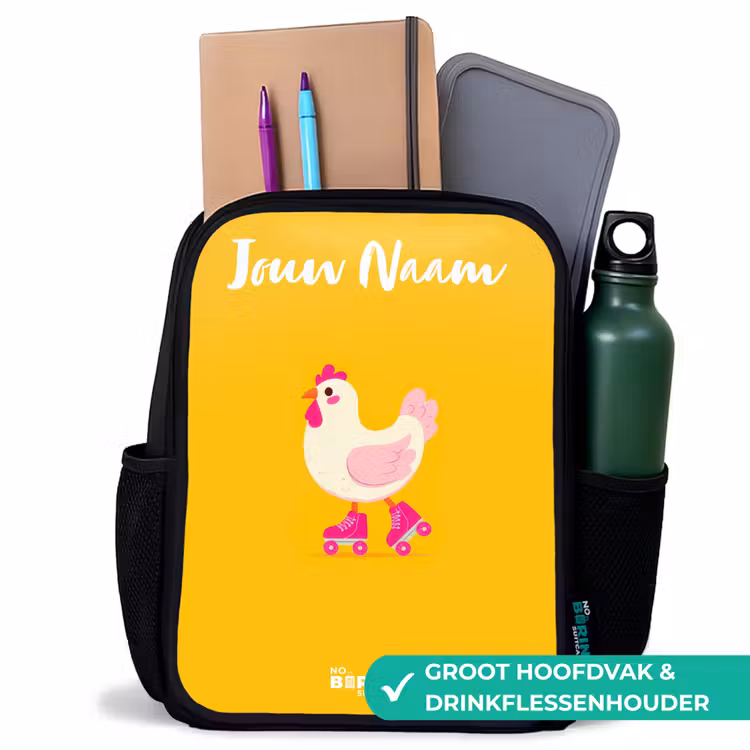 Rugzak kind met naam - Zwart - Kip - Rolschaatsen - Geel — 4