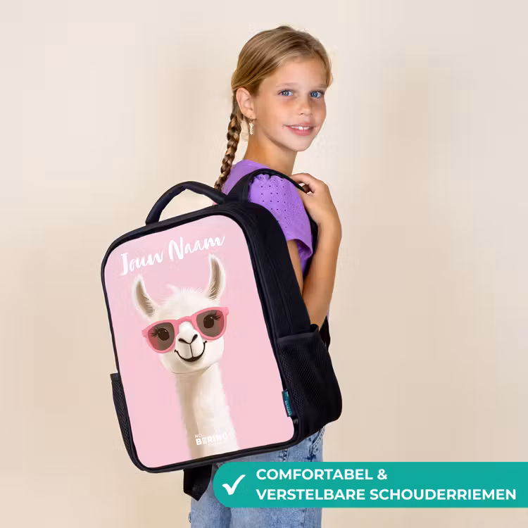 Rugzak kind met naam - Zwart - Lama - Wit - Zonnebril - Wimpers — 3