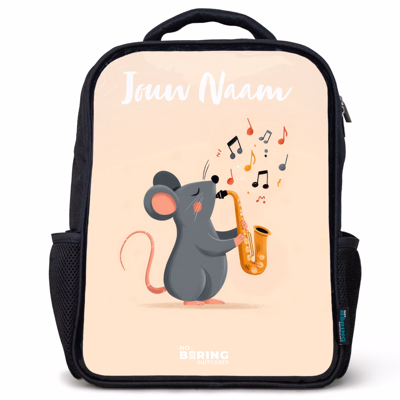 Rugzak kind met naam - Zwart - Muis - Saxofoon - Muziek — 1
