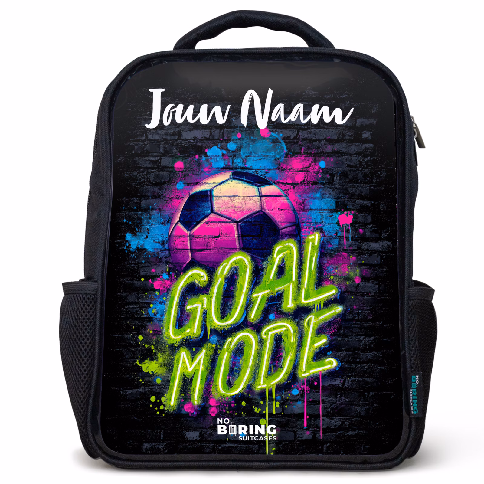 Rugzak kind met naam - Zwart - Neon - Graffiti - Voetbal - Kleurrijk — 1