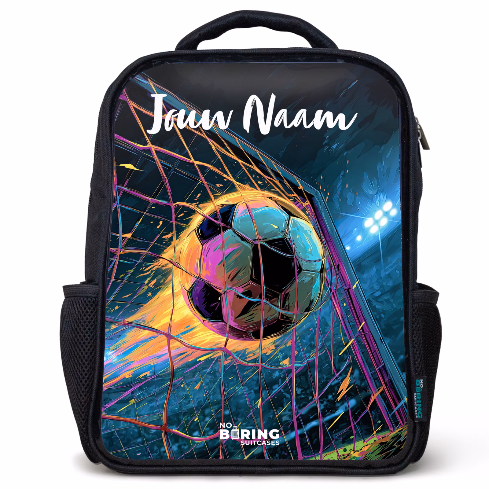 Rugzak kind met naam - Zwart - Neon - Net - Voetbal - Kleurrijk — 1