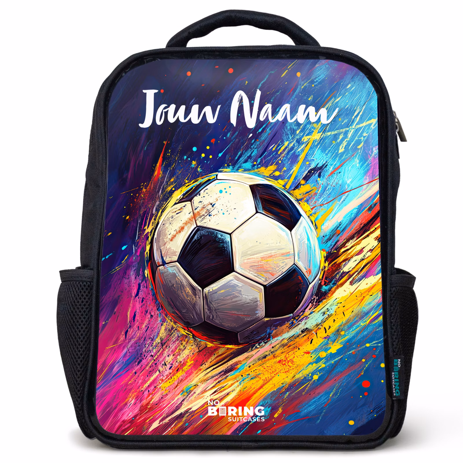 Rugzak kind met naam - Zwart - Neon - Voetbal - Kleurrijk — 1