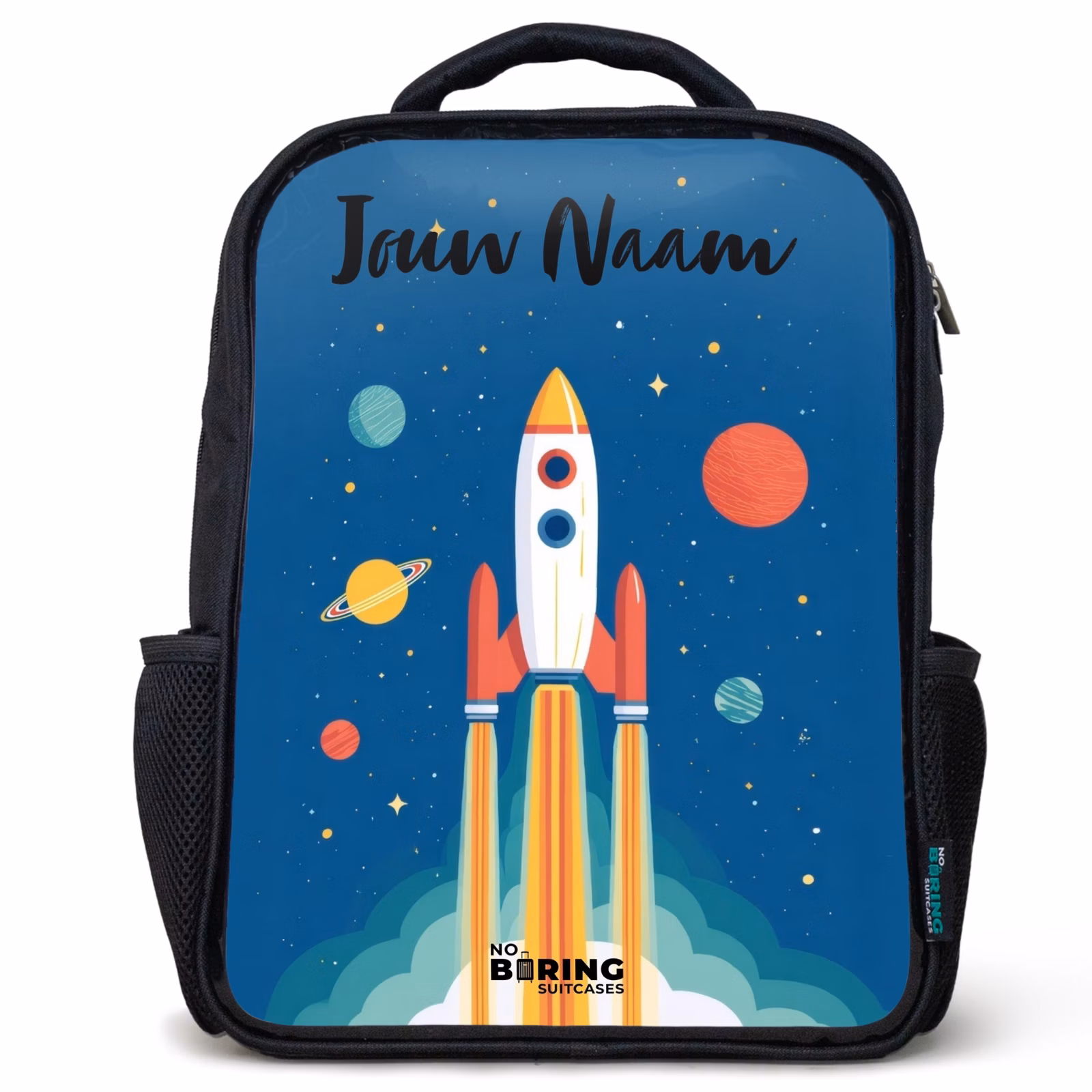 Rugzak kind met naam - Zwart - Raket - Planeet - Sterren - Veelkleurig — 1