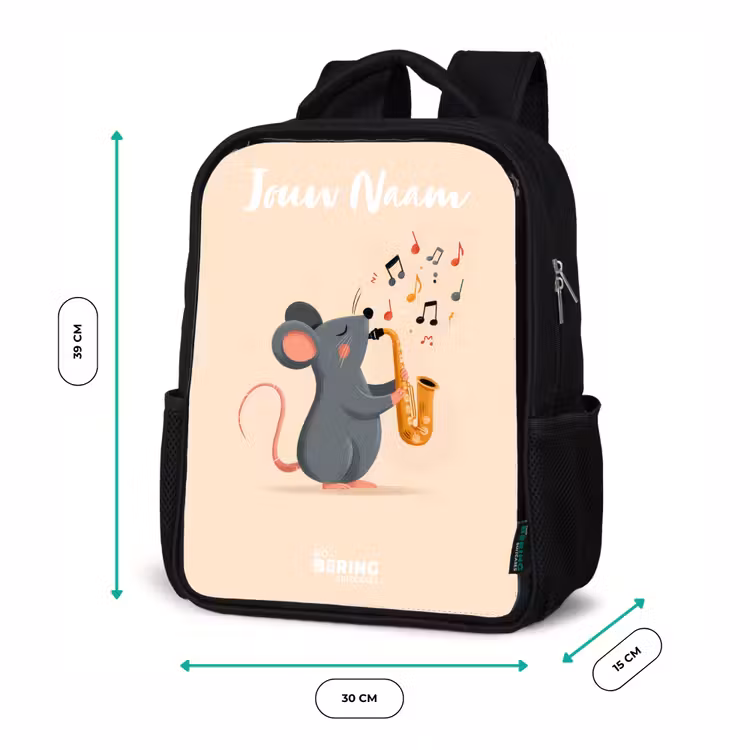 Rugzak kind met naam - Zwart - Muis - Saxofoon - Muziek — 5