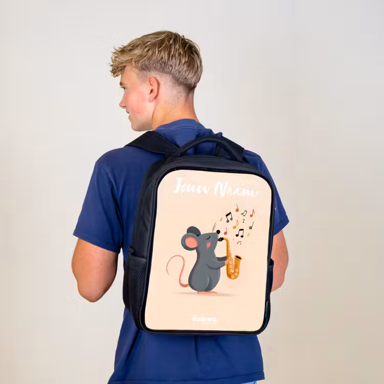 Rugzak kind met naam - Zwart - Muis - Saxofoon - Muziek — 6