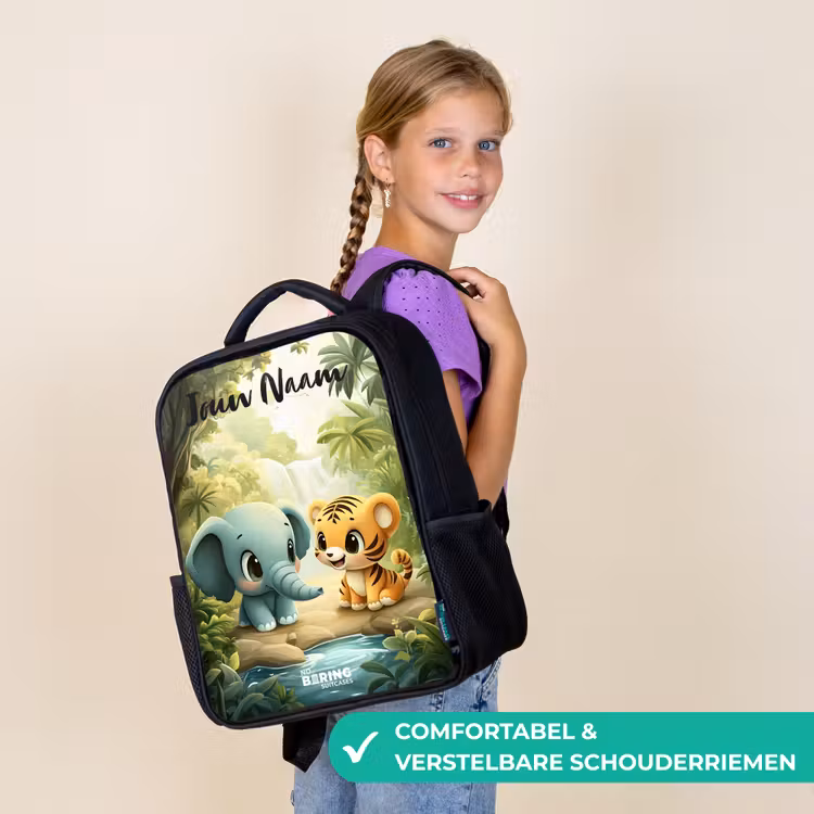 Rugzak kind met naam - Zwart - Olifant - Tijger - Bos - Jungle — 3
