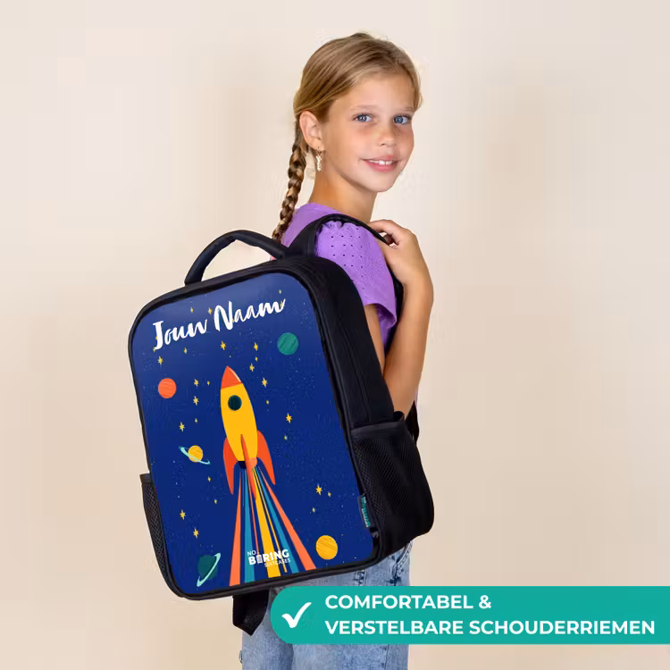 Rugzak kind met naam - Zwart - Raket - Sterren - Planeet - Ruimte — 3