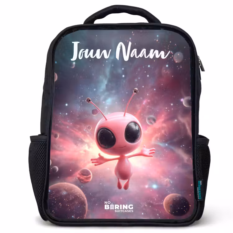 Rugzak kind met naam - Zwart - Roze Alien in Sterrennevel — 1