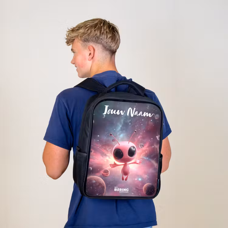 Rugzak kind met naam - Zwart - Roze Alien in Sterrennevel — 6