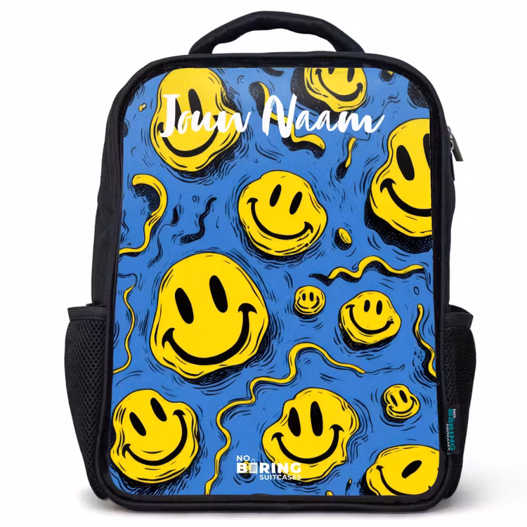 Rugzak kind met naam - Zwart - Smiley - Blauw - Geel — 1