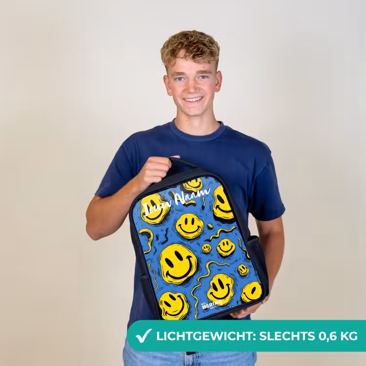 Rugzak kind met naam - Zwart - Smiley - Blauw - Geel — 2
