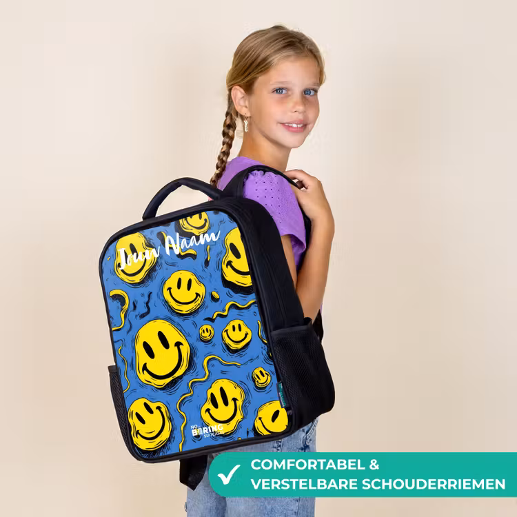 Rugzak kind met naam - Zwart - Smiley - Blauw - Geel — 3