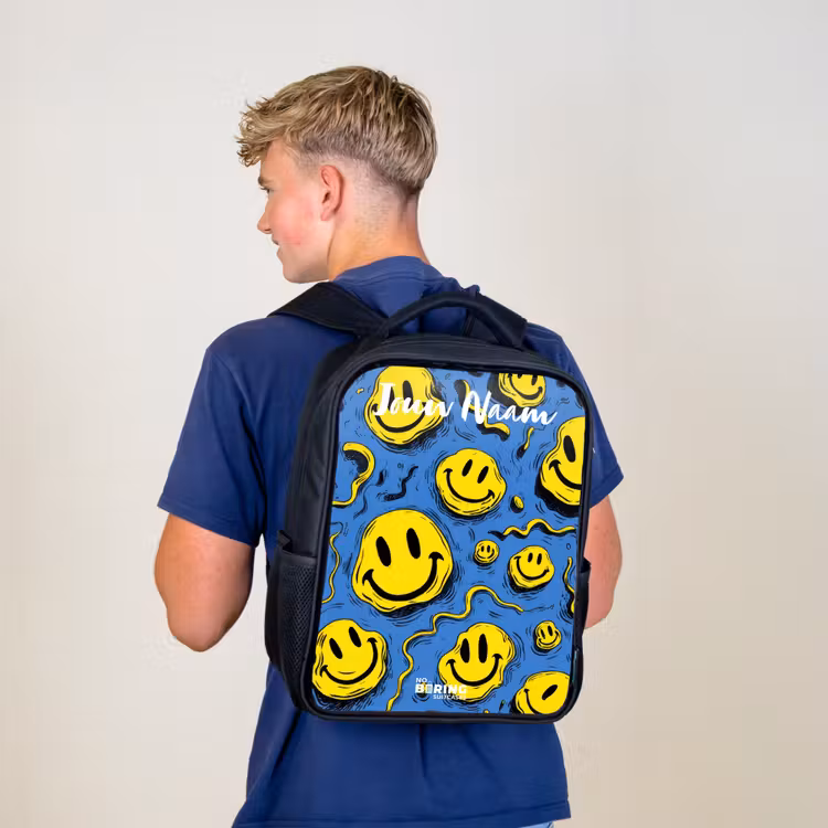 Rugzak kind met naam - Zwart - Smiley - Blauw - Geel — 6