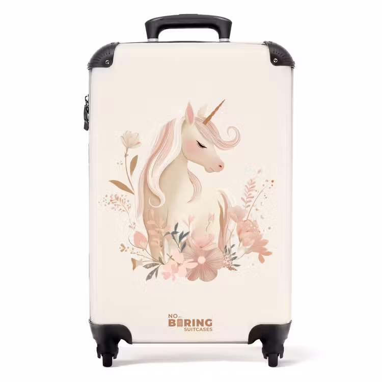 Koffer - Eenhoorn tussen bloemen in roze pastel kleuren — 1