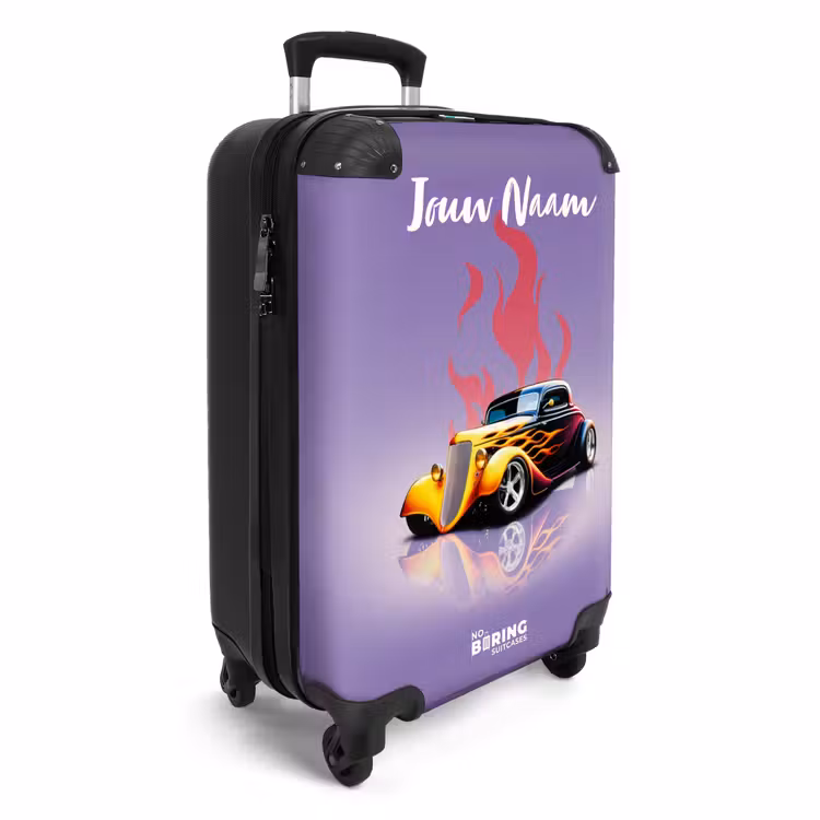 Koffer met naam - Gele auto met roze vlammen — 2