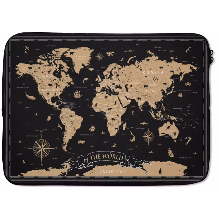 Laptophoes Wereldkaart - Beige - Zwart — 1