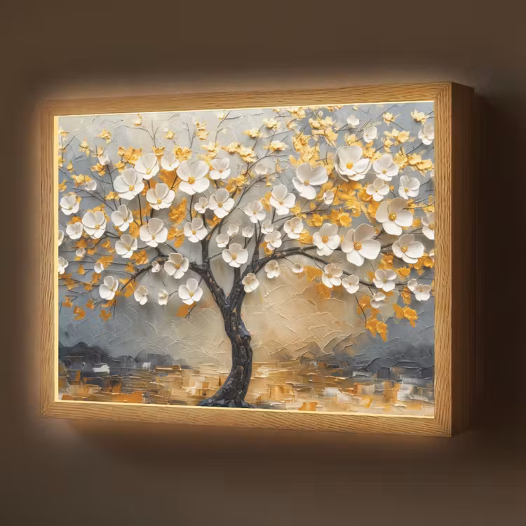 Lightbox - Wandlamp - Boom - Bloemen - Goud - Beige — 1