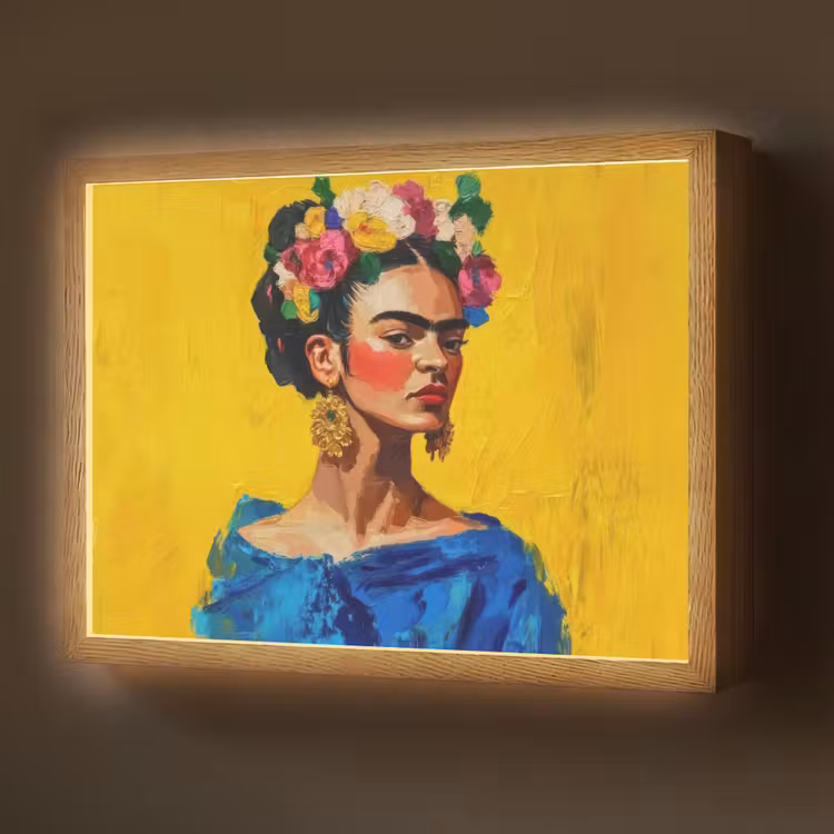 Lightbox - Wandlamp - Frida Kahlo - Vrouw - Geel - Blauw - Bloemen — 1