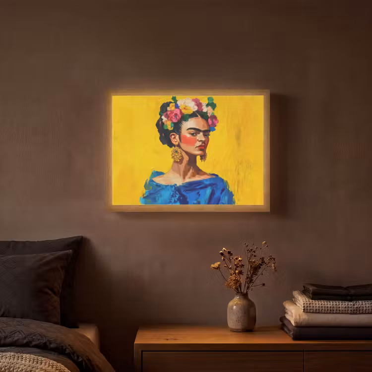 Lightbox - Wandlamp - Frida Kahlo - Vrouw - Geel - Blauw - Bloemen — 3