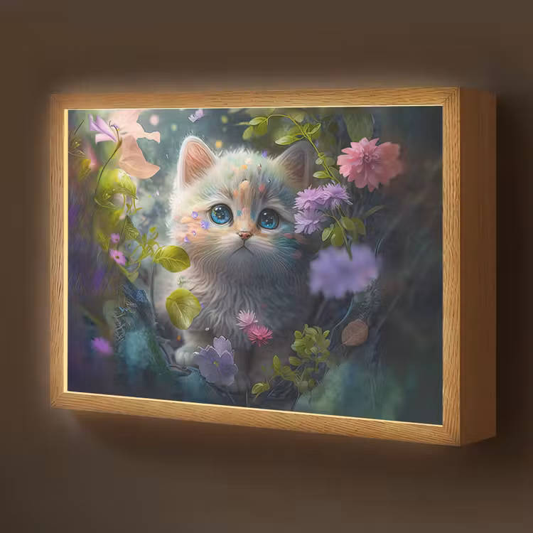 Lightbox - Wandlamp kinderkamer - Kitten - Bloemen - Bos - Illustratie - Poes — 1