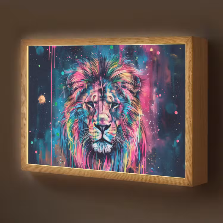 Lightbox - Wandlamp kinderkamer - Leeuw - Verf - Kleurrijk - Zwart - Dieren — 1