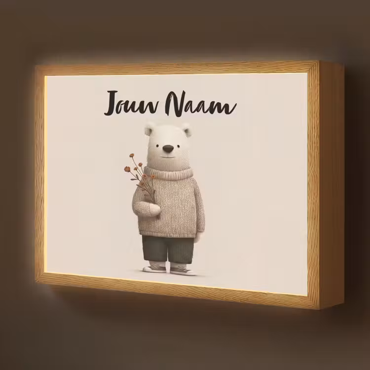 Lightbox - Wandlamp kinderkamer met naam - Knuffelbeer - Oranje bloemen - Vriendelijk — 1