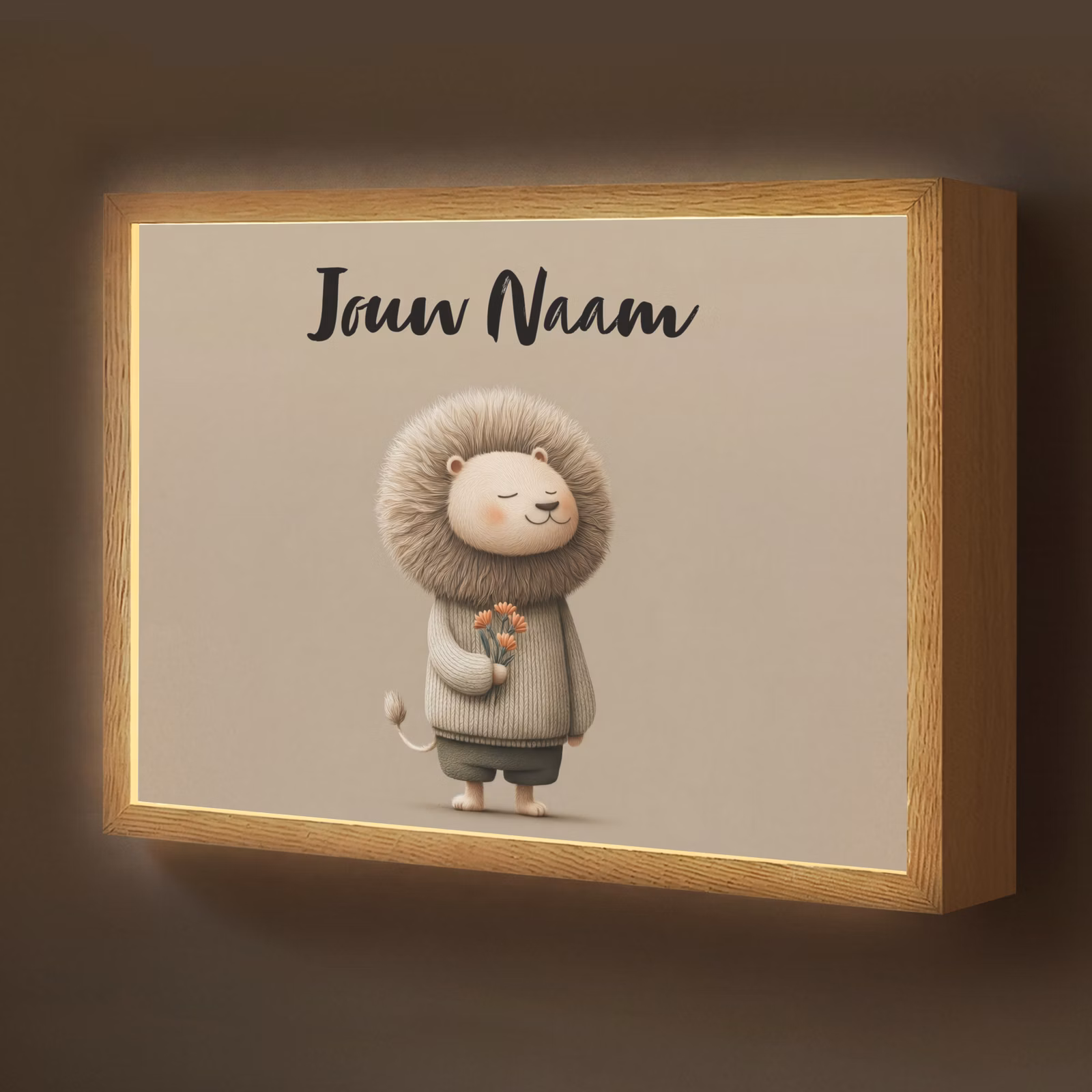Lightbox - Wandlamp kinderkamer met naam - Leeuw - Oranje bloemen - Vriendelijk — 1