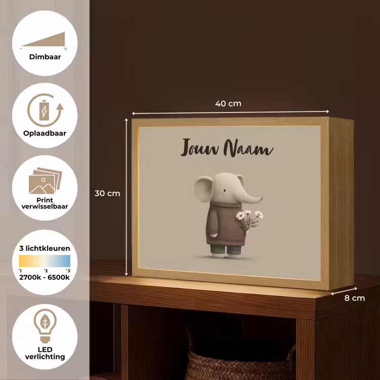 Lightbox - Wandlamp kinderkamer met naam - Olifant - Witte bloemen - Kindvriendelijk — 10