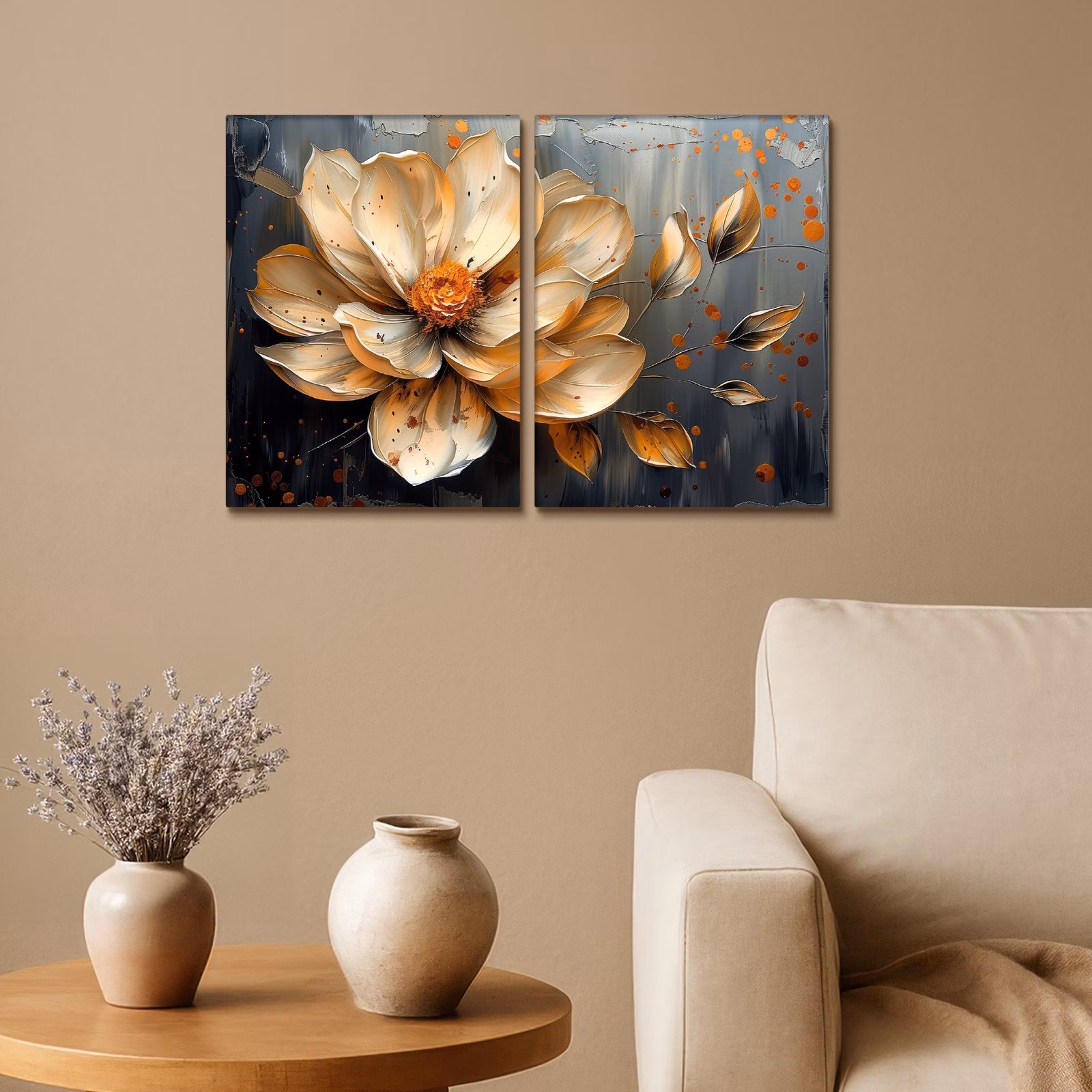 Meerluik schilderij - 2 luiken - Bloem - Goud - Abstract - Verf — 1
