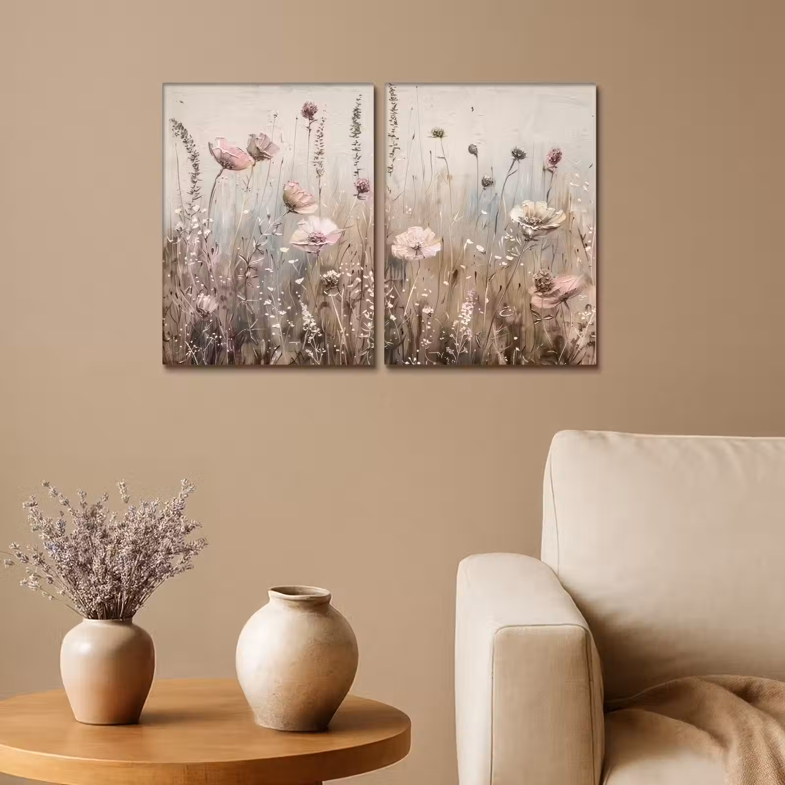 Meerluik schilderij - 2 luiken - Bloemen - Beige - Modern - Roze — 1