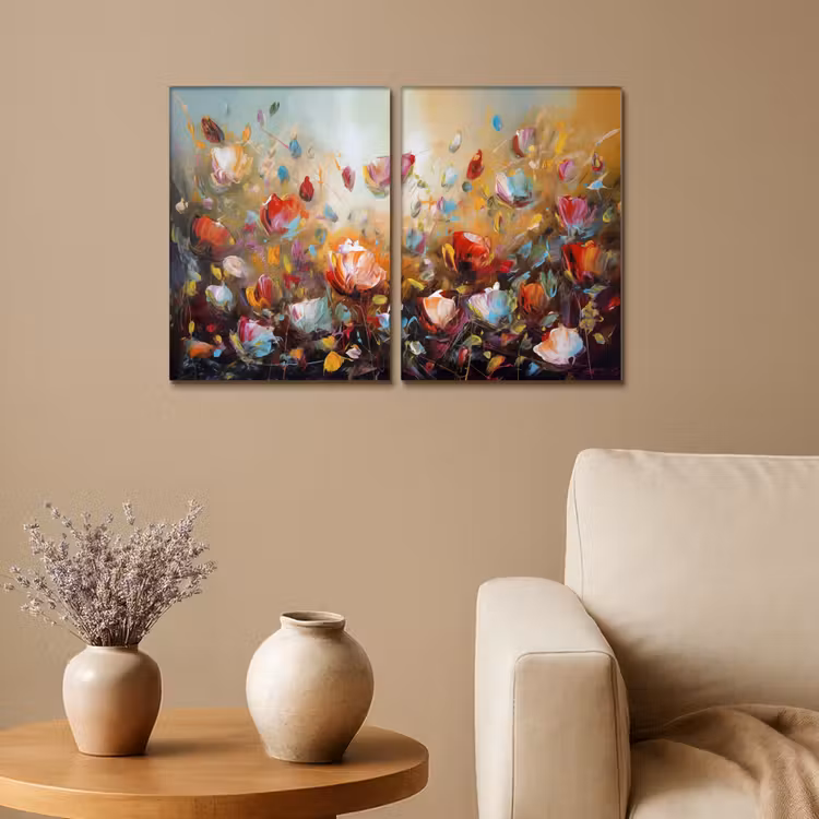 Meerluik schilderij - 2 luiken - Bloemen - Abstract - Verflook - Kleurrijk — 1