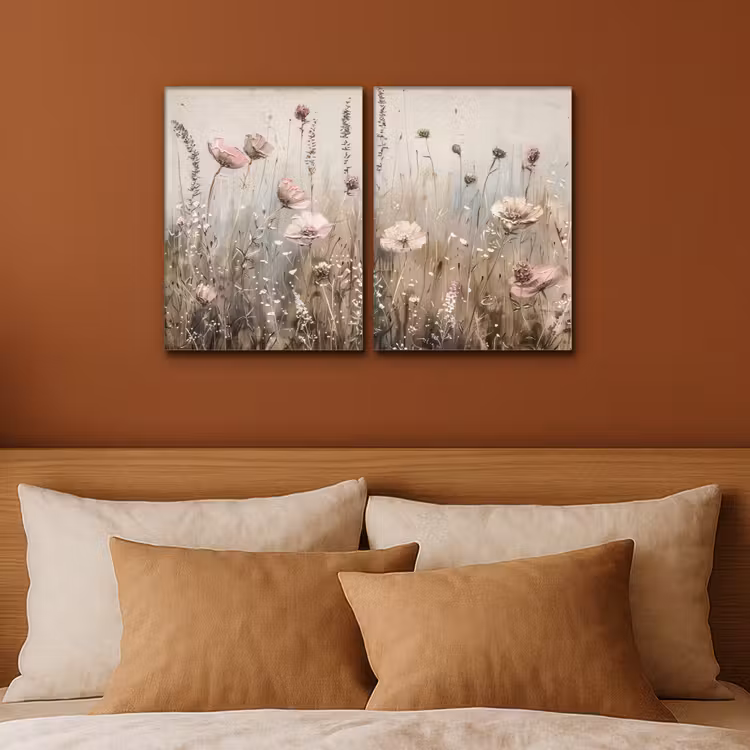 Meerluik schilderij - 2 luiken - Bloemen - Beige - Modern - Roze — 3
